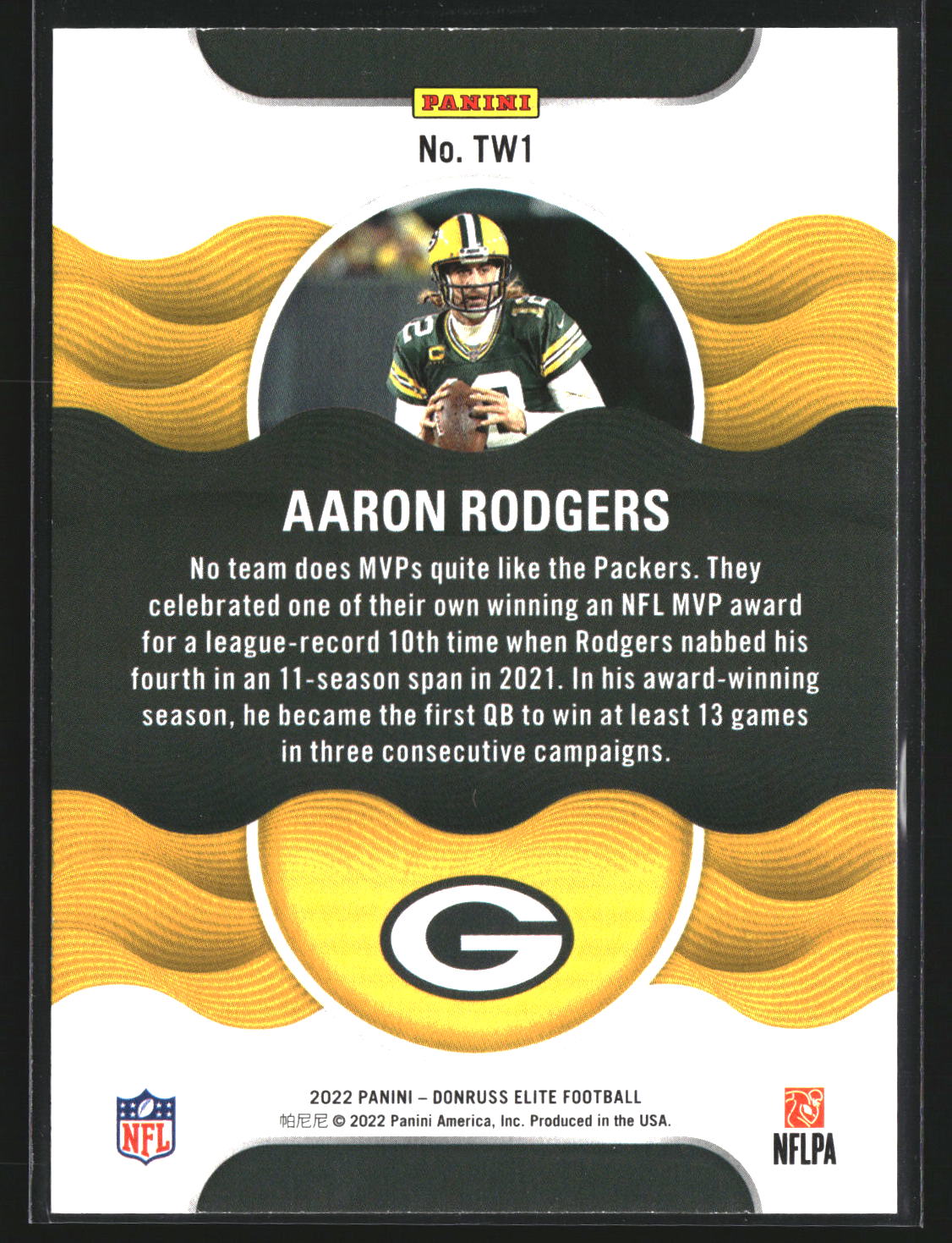 Aaron Rodgers 2022 Donruss Elite TW1 Title Waves Green Green Bay Packers