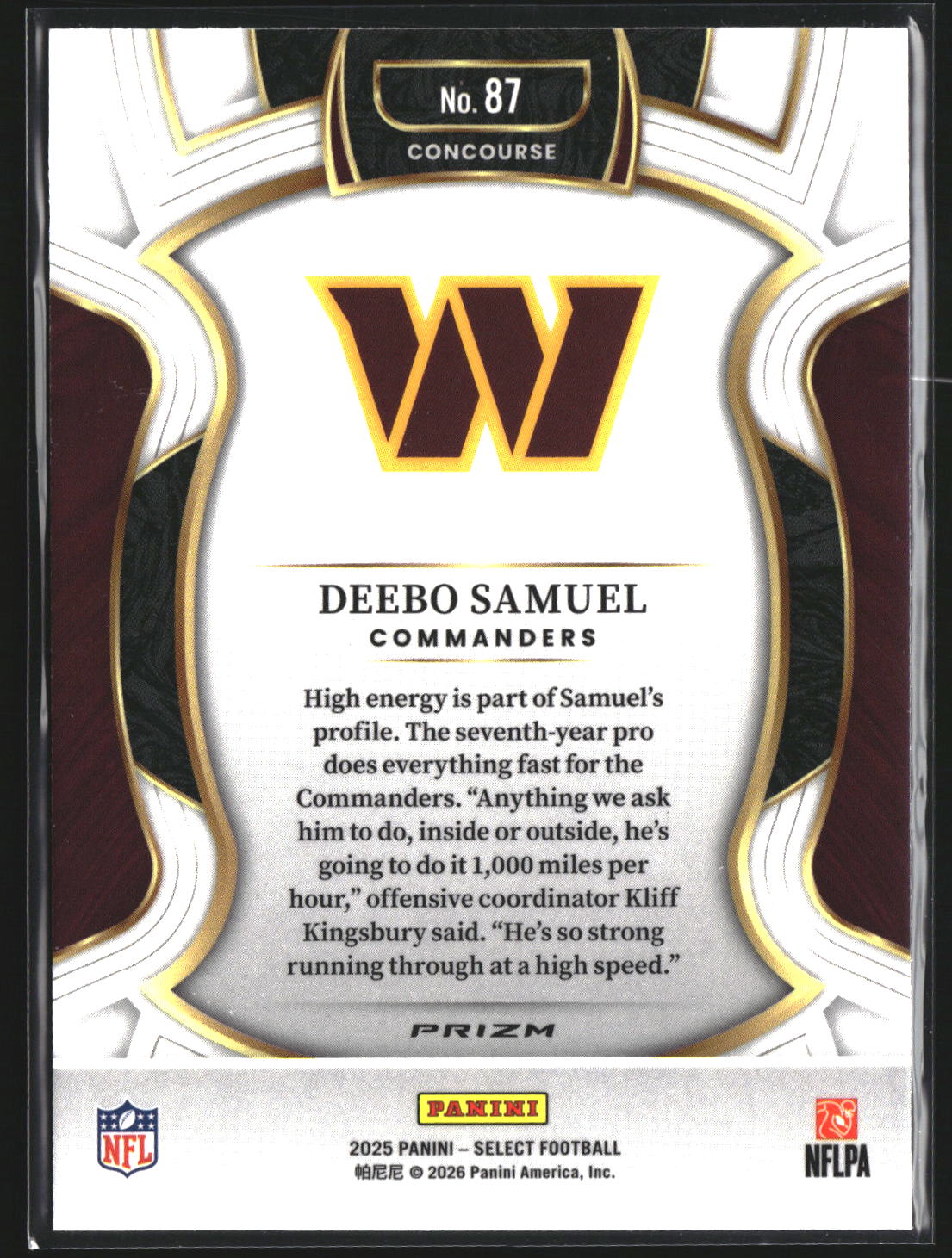 Deebo Samuel 2025 Panini Select 87 Black and Gold Prizm Shock Commanders
