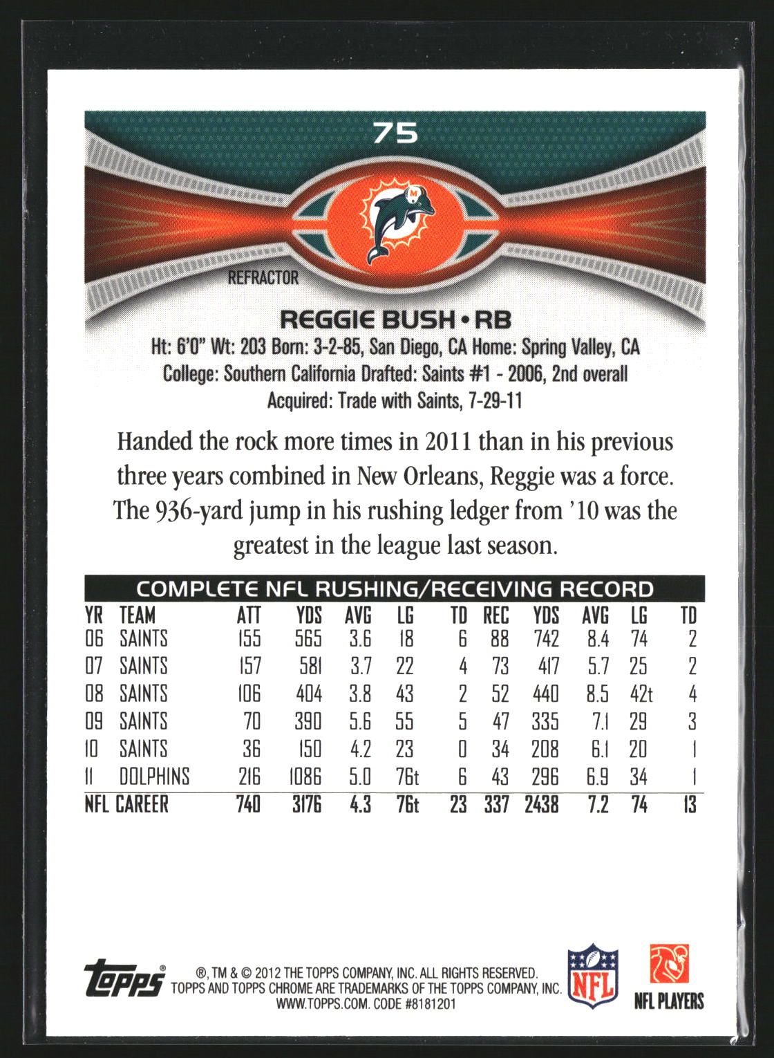 Reggie Bush 2012 Topps Chrome 75 Refractors Miami Dolphins