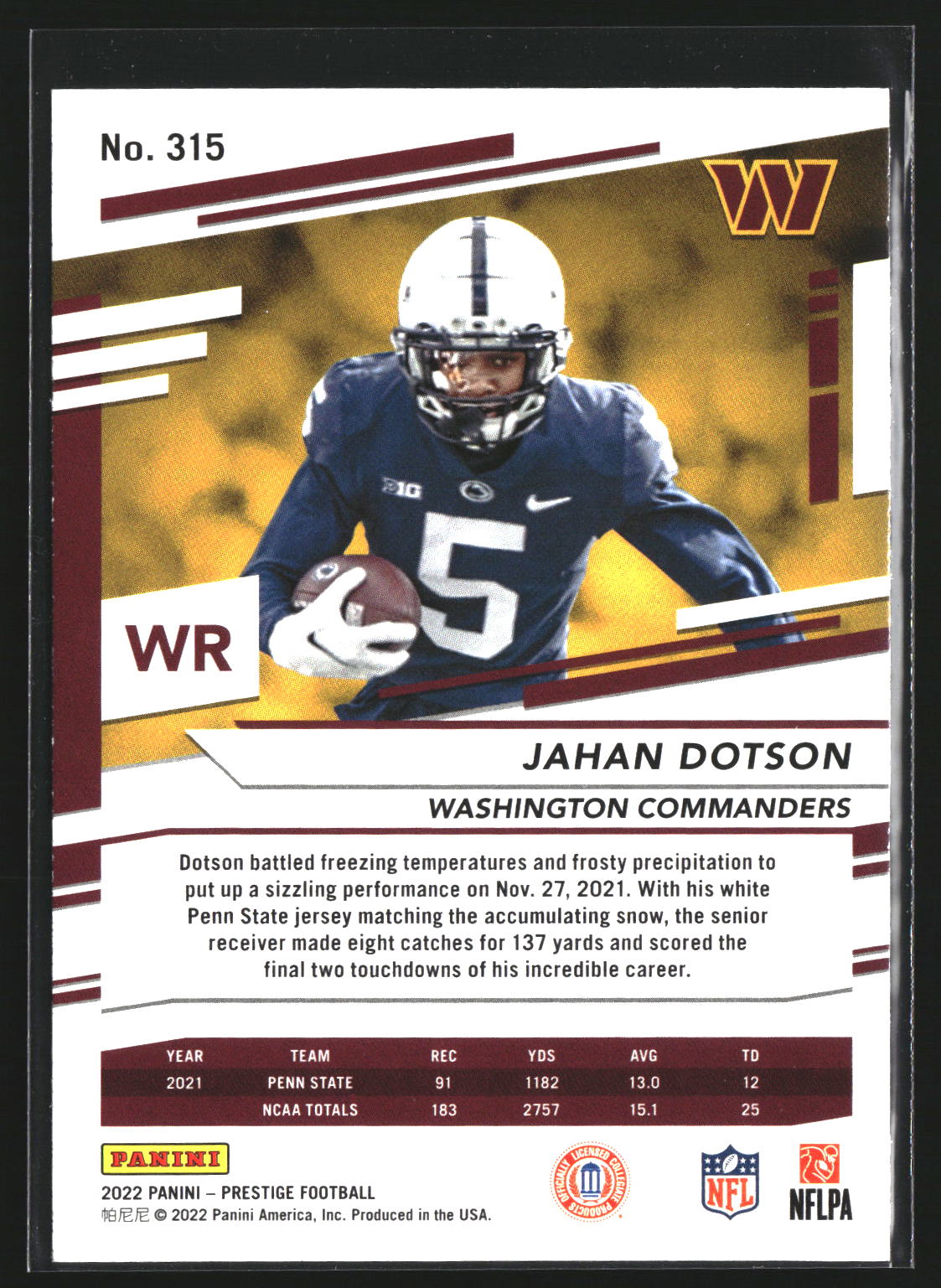 Jahan Dotson 2022 Panini Prestige 315 RC RC Washington Commanders