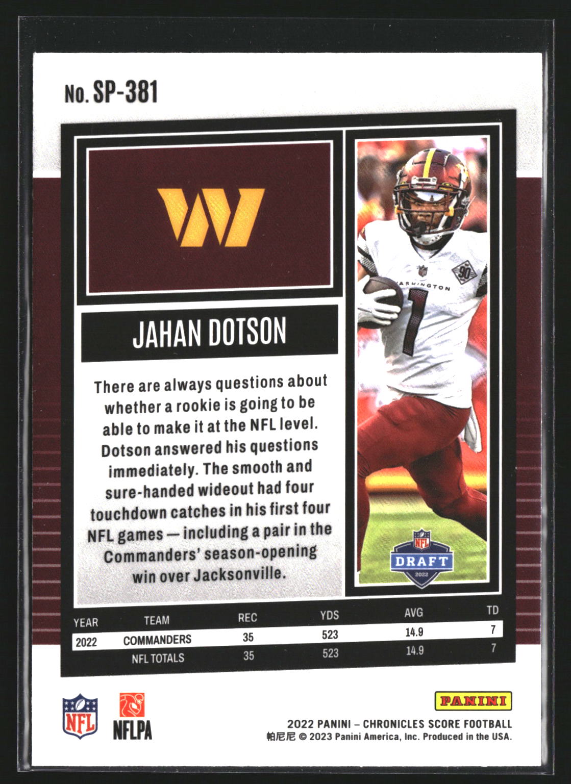 Jahan Dotson 2022 Panini Chronicles SP-381 Score Premium RC Commanders