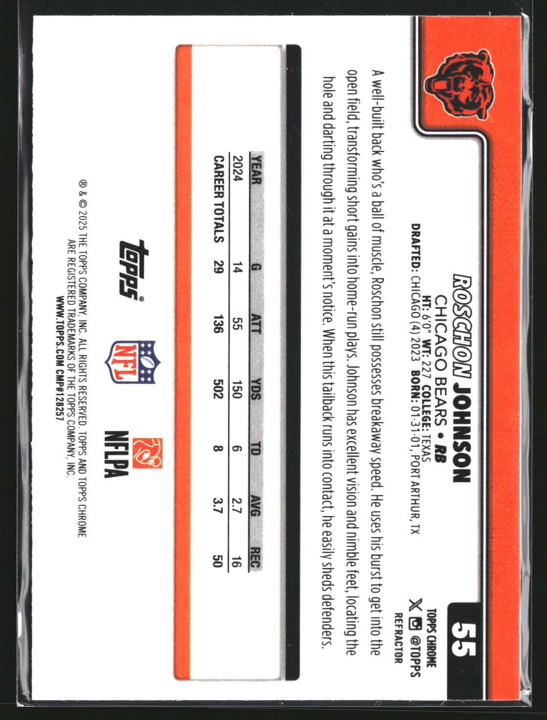 Roschon Johnson 2025 Topps Chrome 55 Refractor Chicago Bears