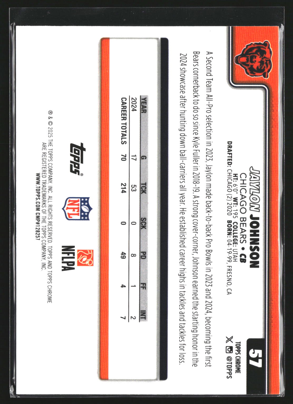 Jaylon Johnson 2025 Topps Chrome 57 Red White and Blue Refractor Chicago Bears