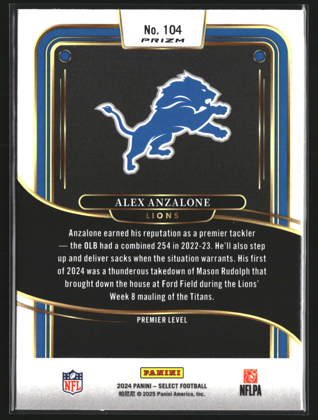 Alex Anzalone 2024 Panini Select 104 Black & Red Prizm Shock Detroit Lions