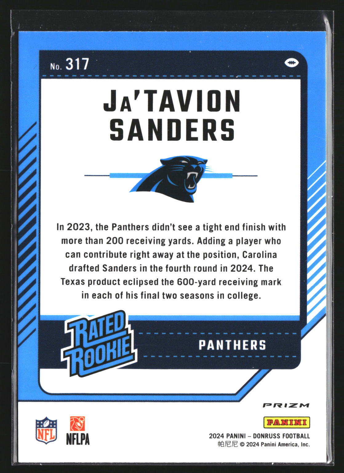 Ja'Tavion Sanders 2024 Donruss 317 Optic Rated Red and Green RC Panthers