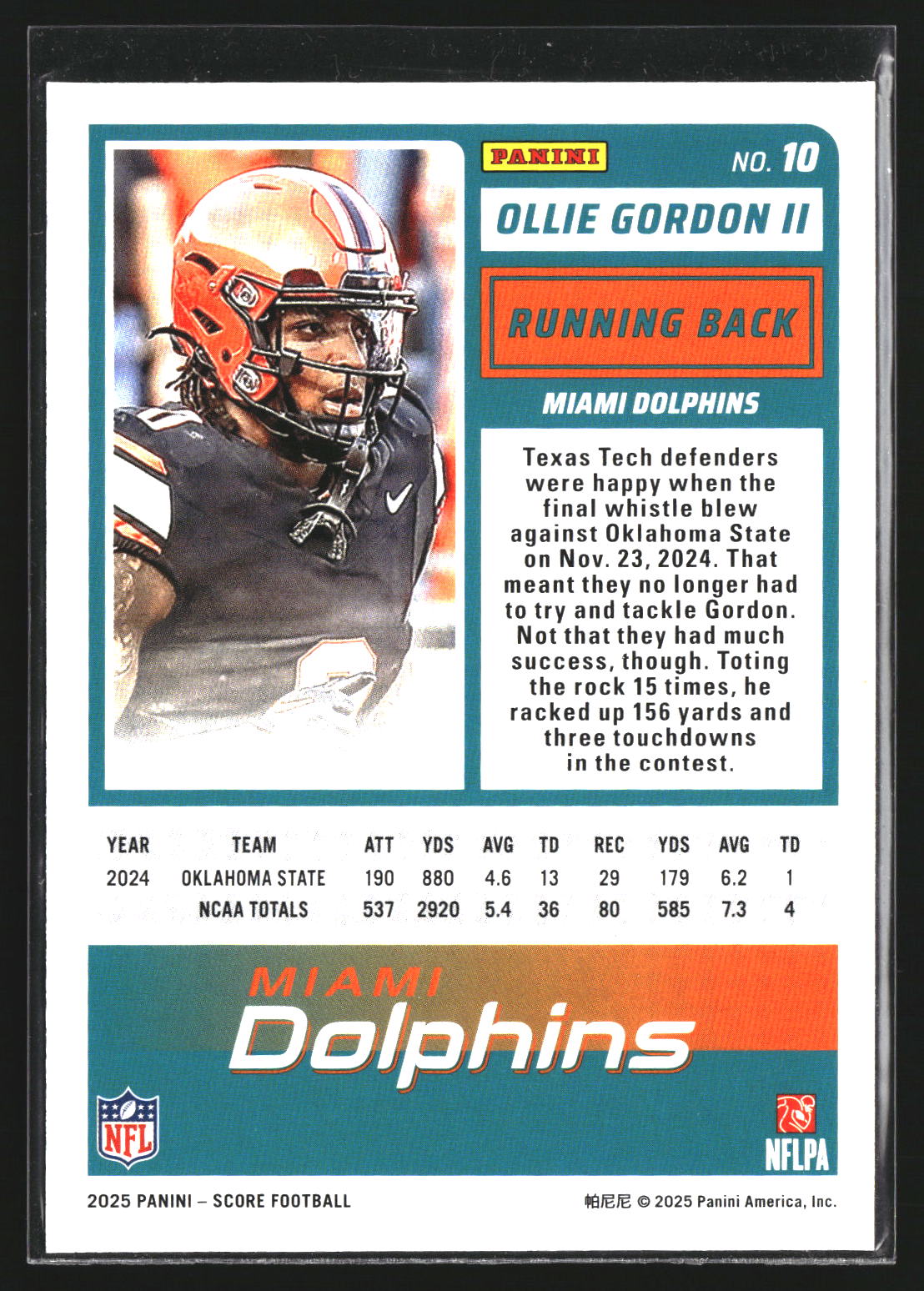 Ollie Gordon II 2025 Score 10 Red RC RC Miami Dolphins