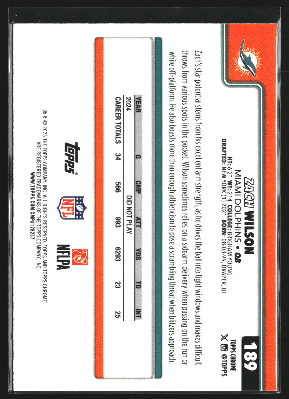 Zach Wilson 2025 Topps Chrome 189 X-Fractor Miami Dolphins
