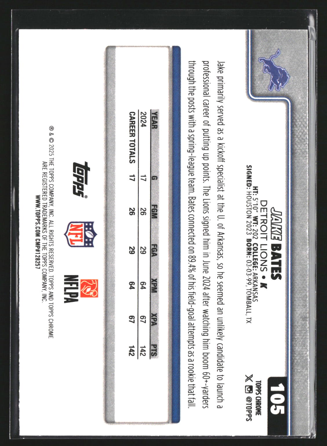 Jake Bates 2025 Topps Chrome 105 Hot Pink X-Fractor Detroit Lions