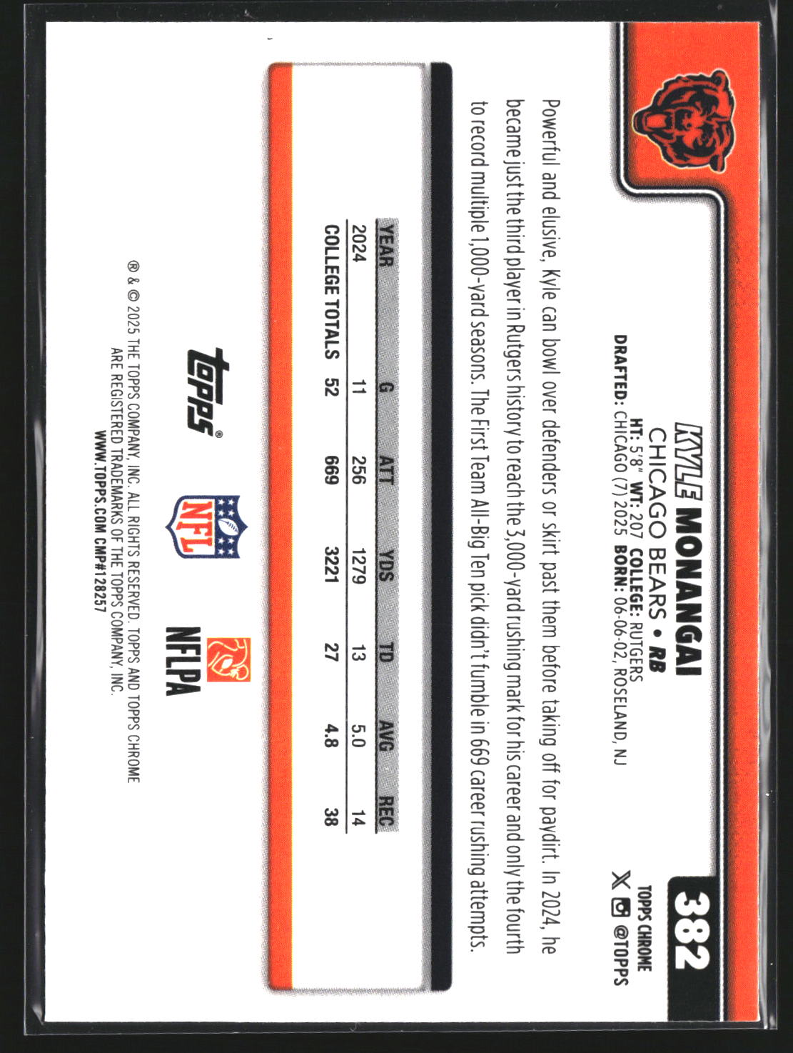 Kyle Monangai 2025 Topps Chrome 382 RC RC Chicago Bears
