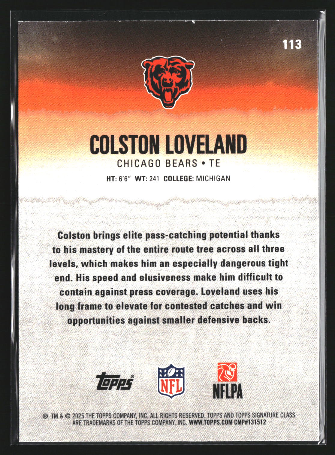 Colston Loveland 2025 Topps Signature Class 113 RC RC Chicago Bears