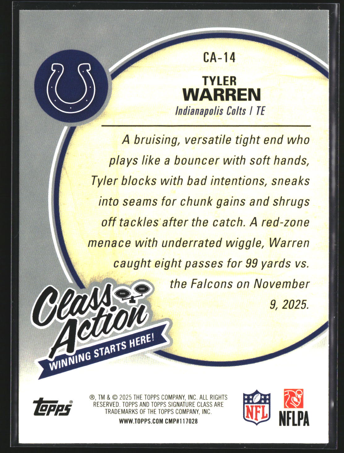 Tyler Warren 2025 Topps Signature Class CA-14 Class Action Indianapolis Colts