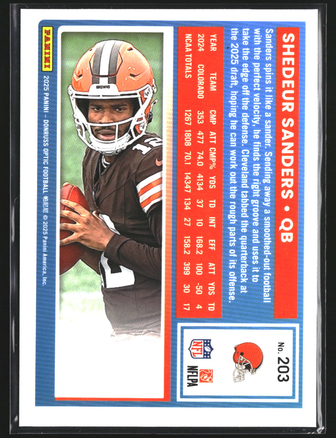 Shedeur Sanders 2025 Donruss Optic 203 SN, RC RC Cleveland Browns