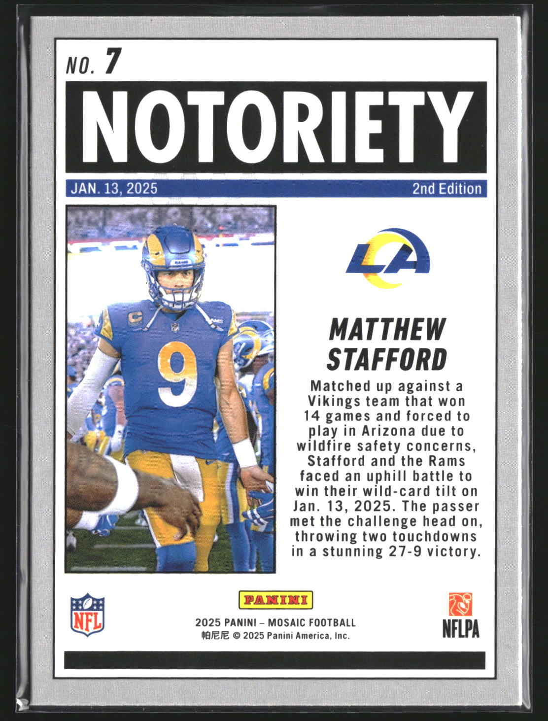 Matthew Stafford 2025 Panini Mosaic 7 Notoriety Los Angeles Rams