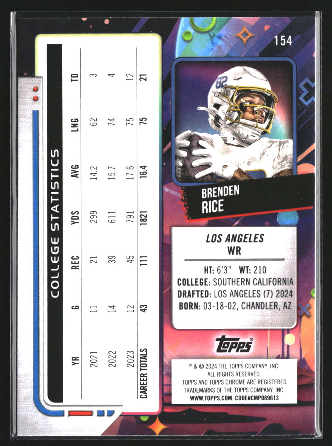 Brenden Rice 2024 Topps Chrome Cosmic 154 RC RC Los Angeles Chargers