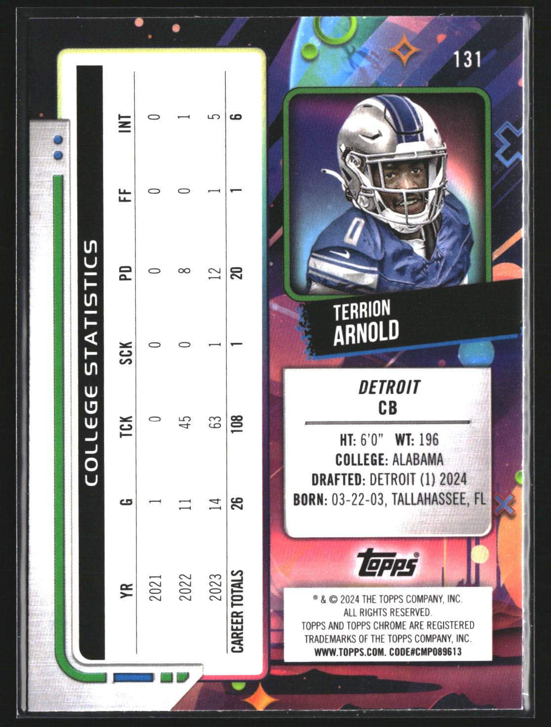 Terrion Arnold 2024 Topps Chrome Cosmic 131 RC RC Detroit Lions