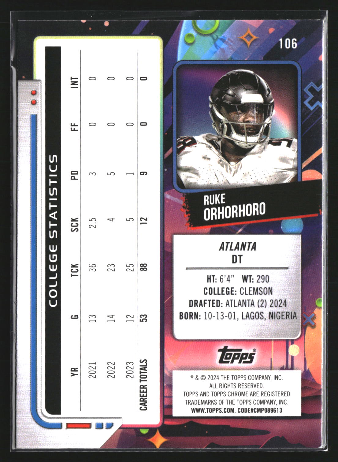 Ruke Orhorhoro 2024 Topps Chrome Cosmic 106 RC RC Atlanta Falcons
