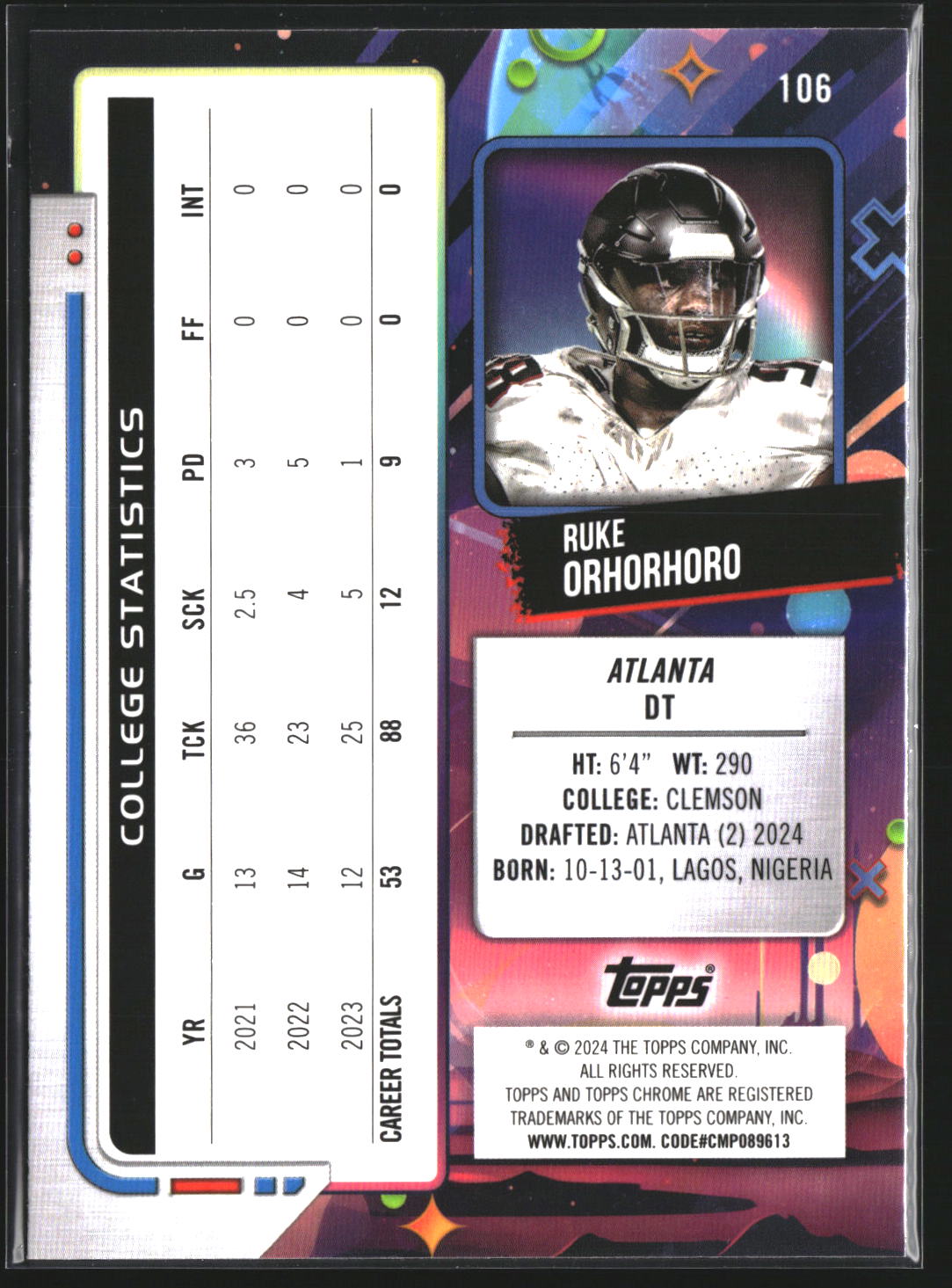 Ruke Orhorhoro 2024 Topps Chrome Cosmic 106 RC RC Atlanta Falcons