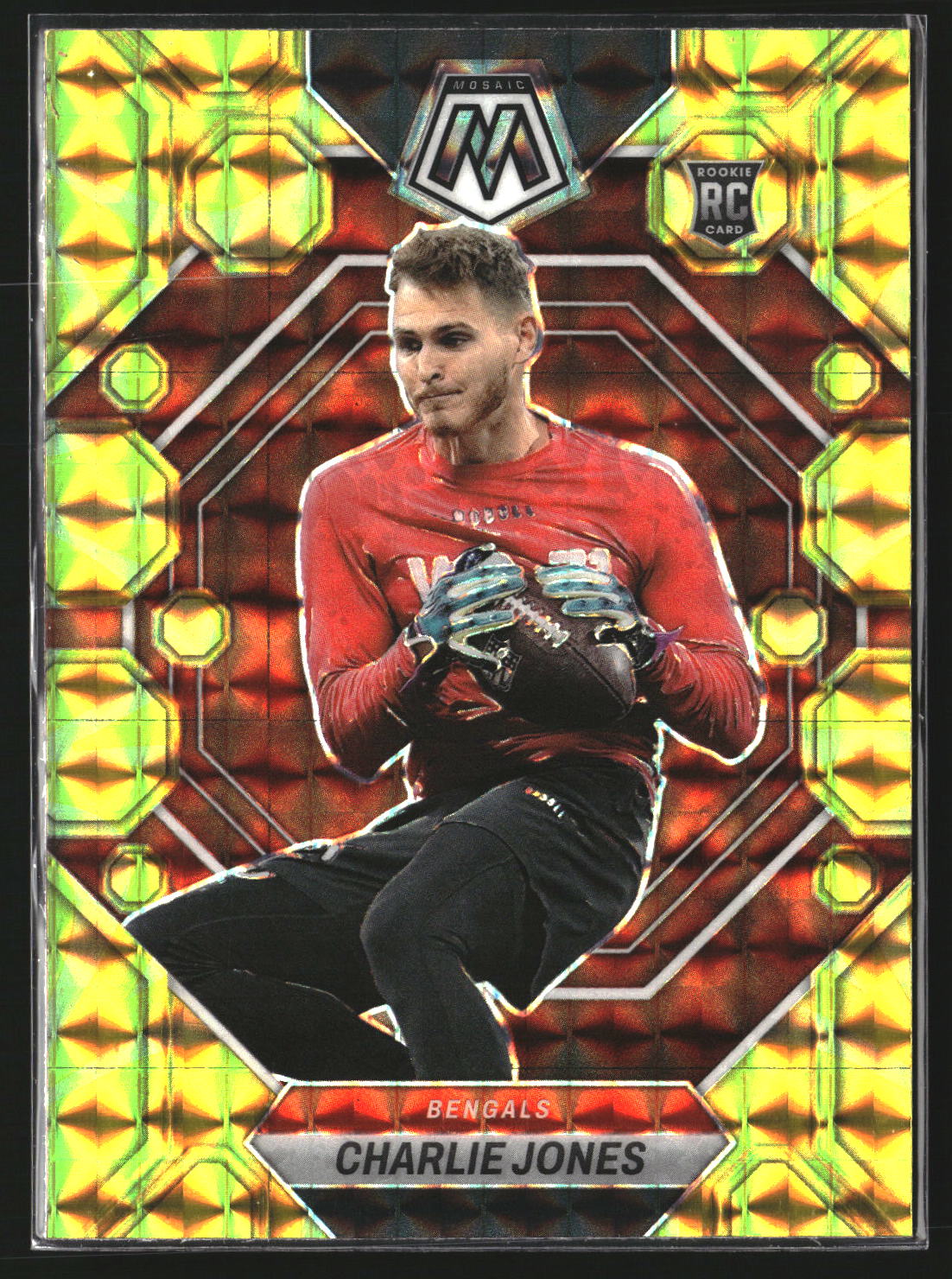 Charlie Jones 2023 Panini Mosaic 299 Reactive Yellow Mosaic RC Bengals