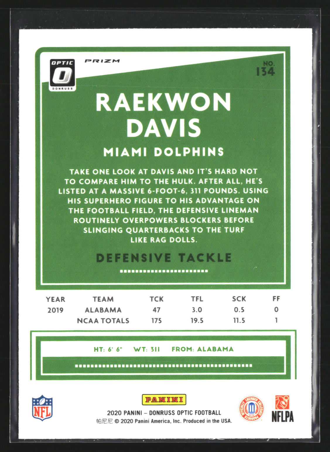Raekwon Davis 2020 Donruss Optic 134 Holo RC RC Miami Dolphins