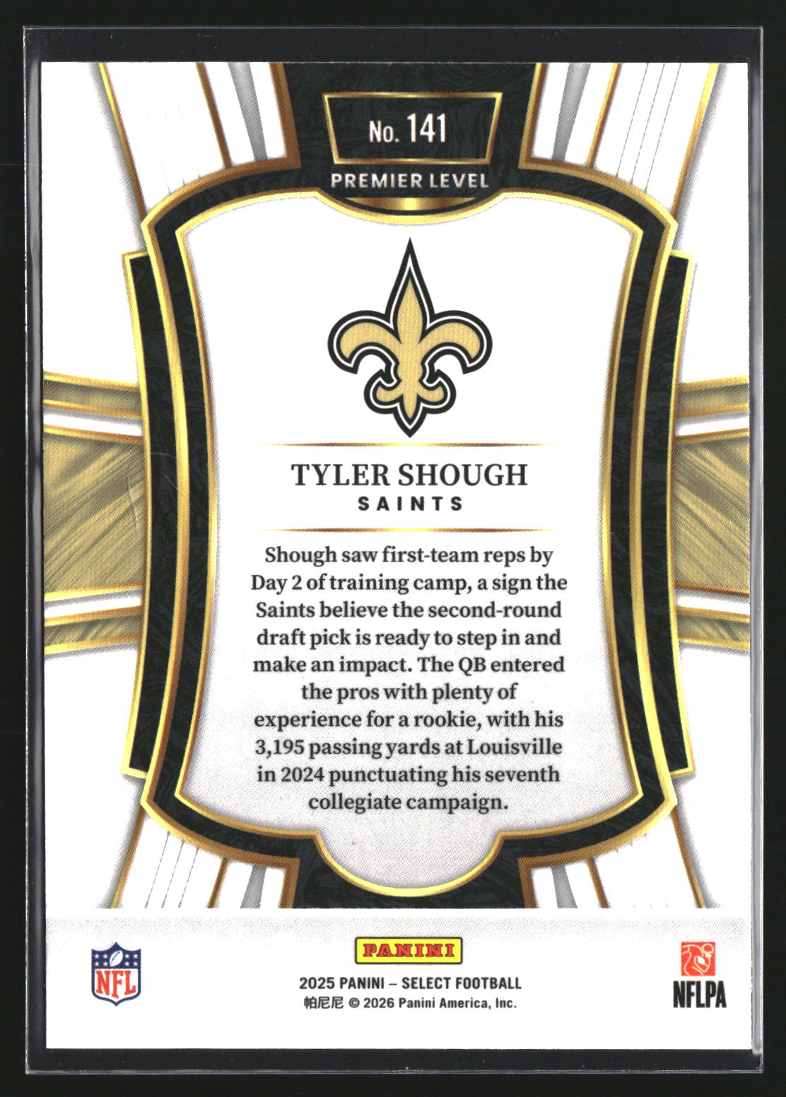 Tyler Shough 2025 Panini Select 141 New Orleans Saints