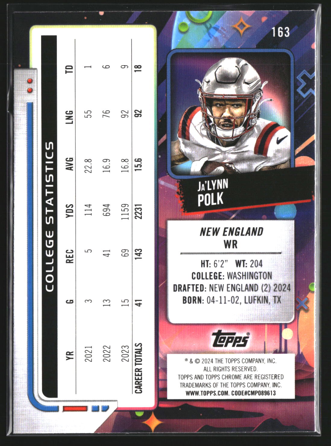 Ja'Lynn Polk 2024 Topps Chrome Cosmic 163 RC RC New England Patriots