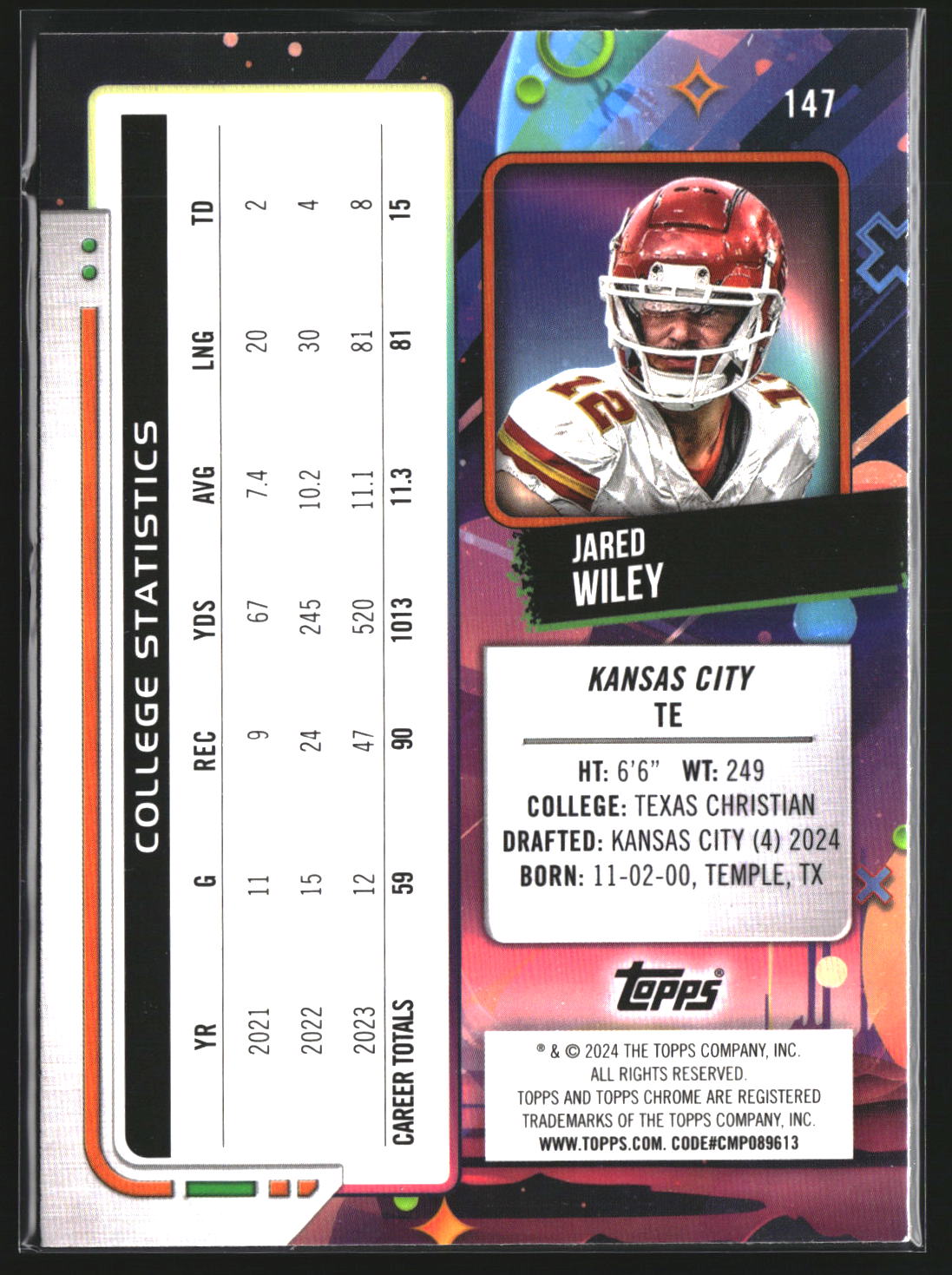 Jared Wiley 2024 Topps Chrome Cosmic 147 RC RC Kansas City Chiefs