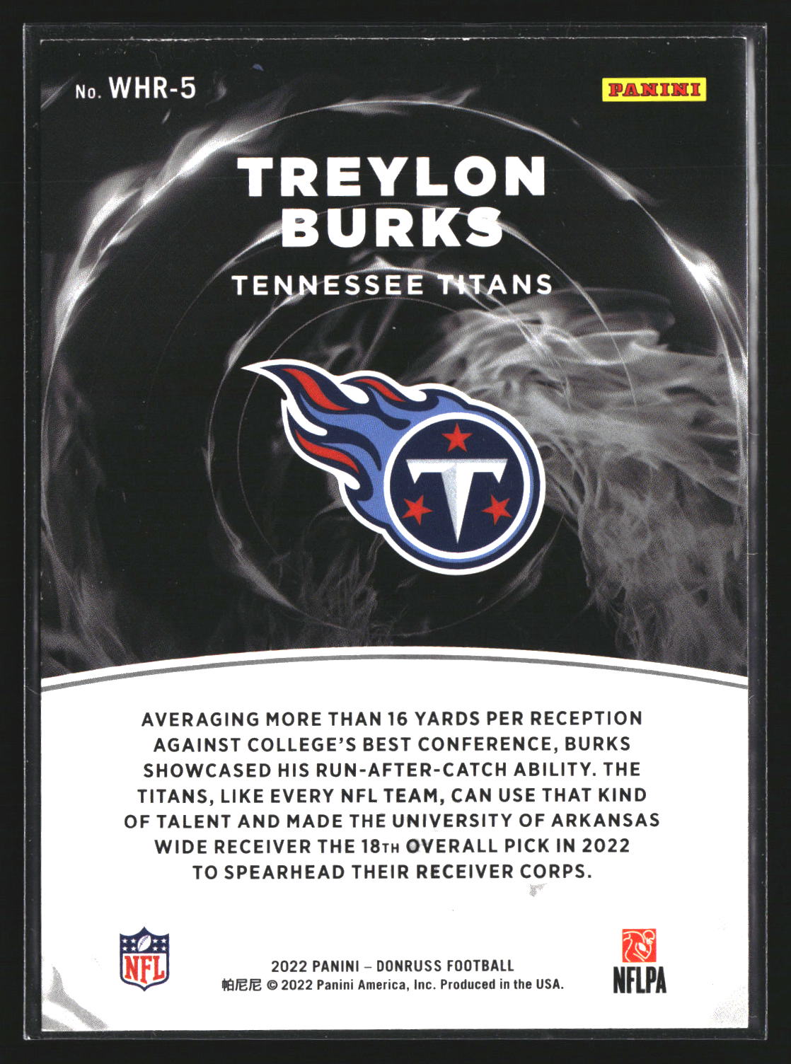 Treylon Burks 2022 Donruss WHR-5 White Hot Rookies Tennessee Titans