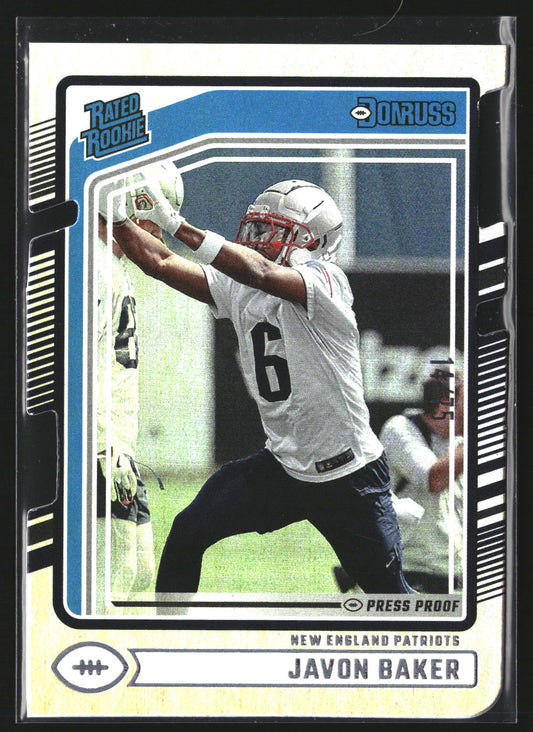 Javon Baker 2024 Donruss 353 Press Proof Silver Die Cuts SN, RC Patriots