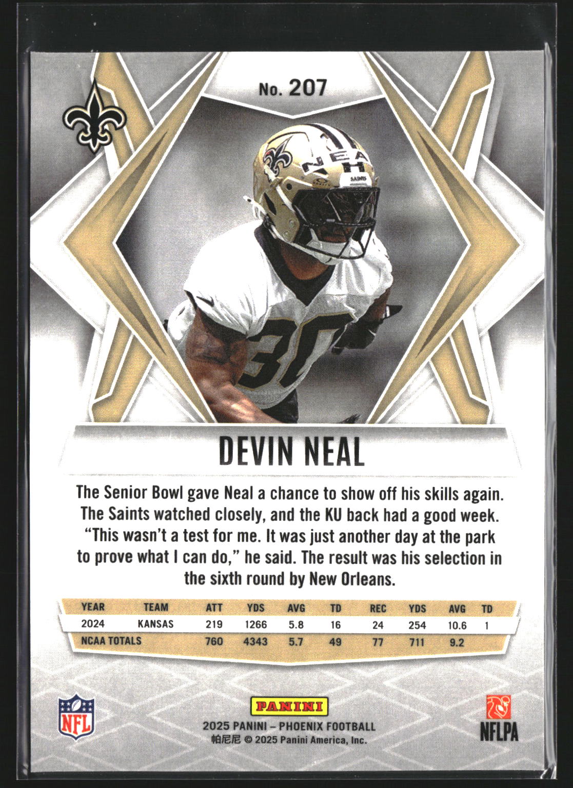 Devin Neal 2025 Panini Phoenix 207 RC RC New Orleans Saints