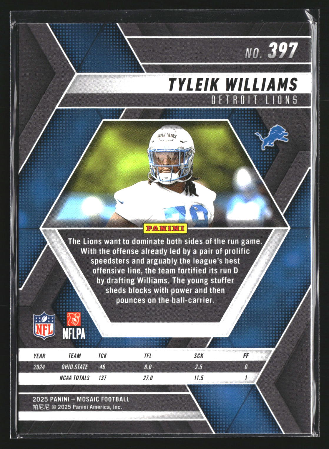 Tyleik Williams 2025 Panini Mosaic 397 RC RC Detroit Lions