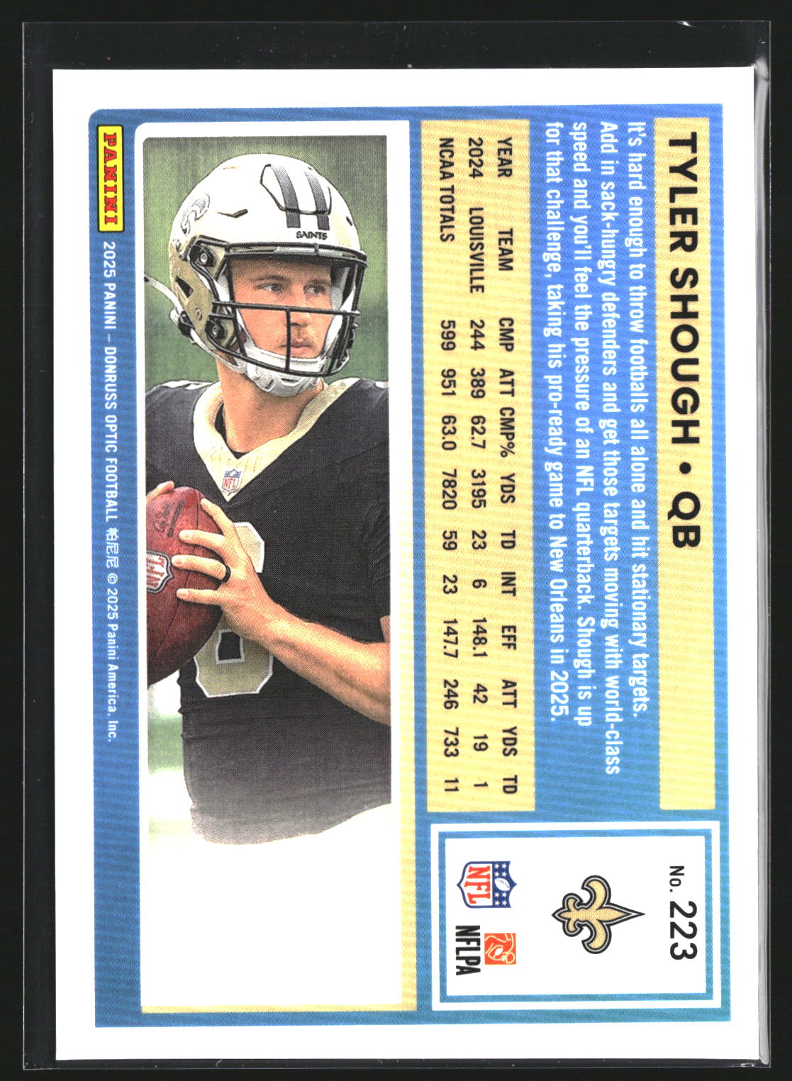 Tyler Shough 2025 Donruss Optic 223 RC RC New Orleans Saints