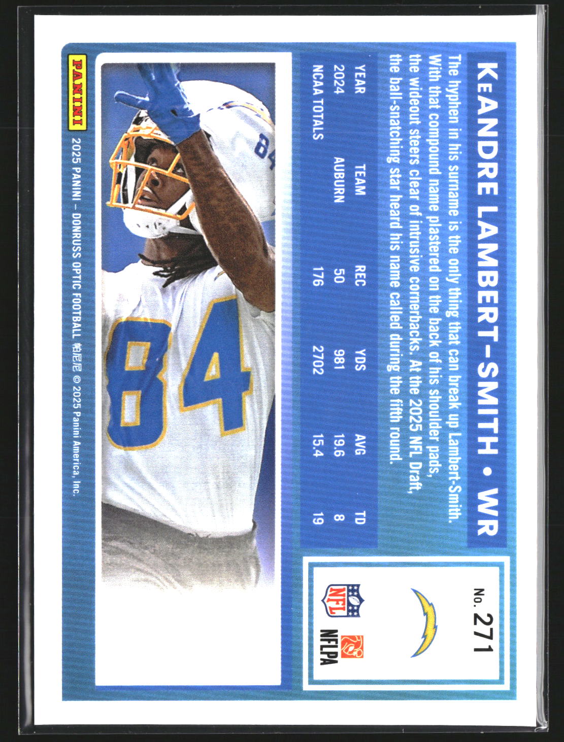 KeAndre Lambert-Smith 2025 Donruss Optic 271 RC RC Los Angeles Chargers