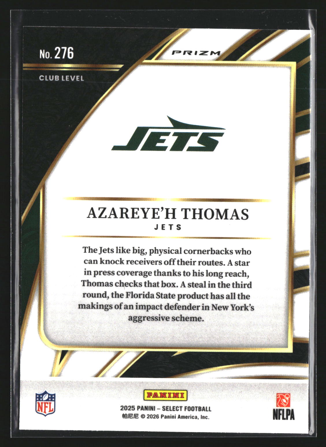 Azareye'h Thomas 2025 Panini Select 276 Black and Gold Prizm Shock New York Jets