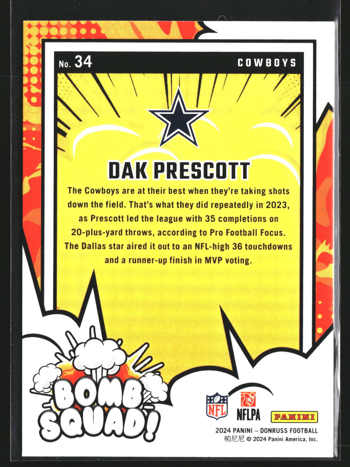 Dak Prescott 2024 Donruss 34 Bomb Squad Dallas Cowboys