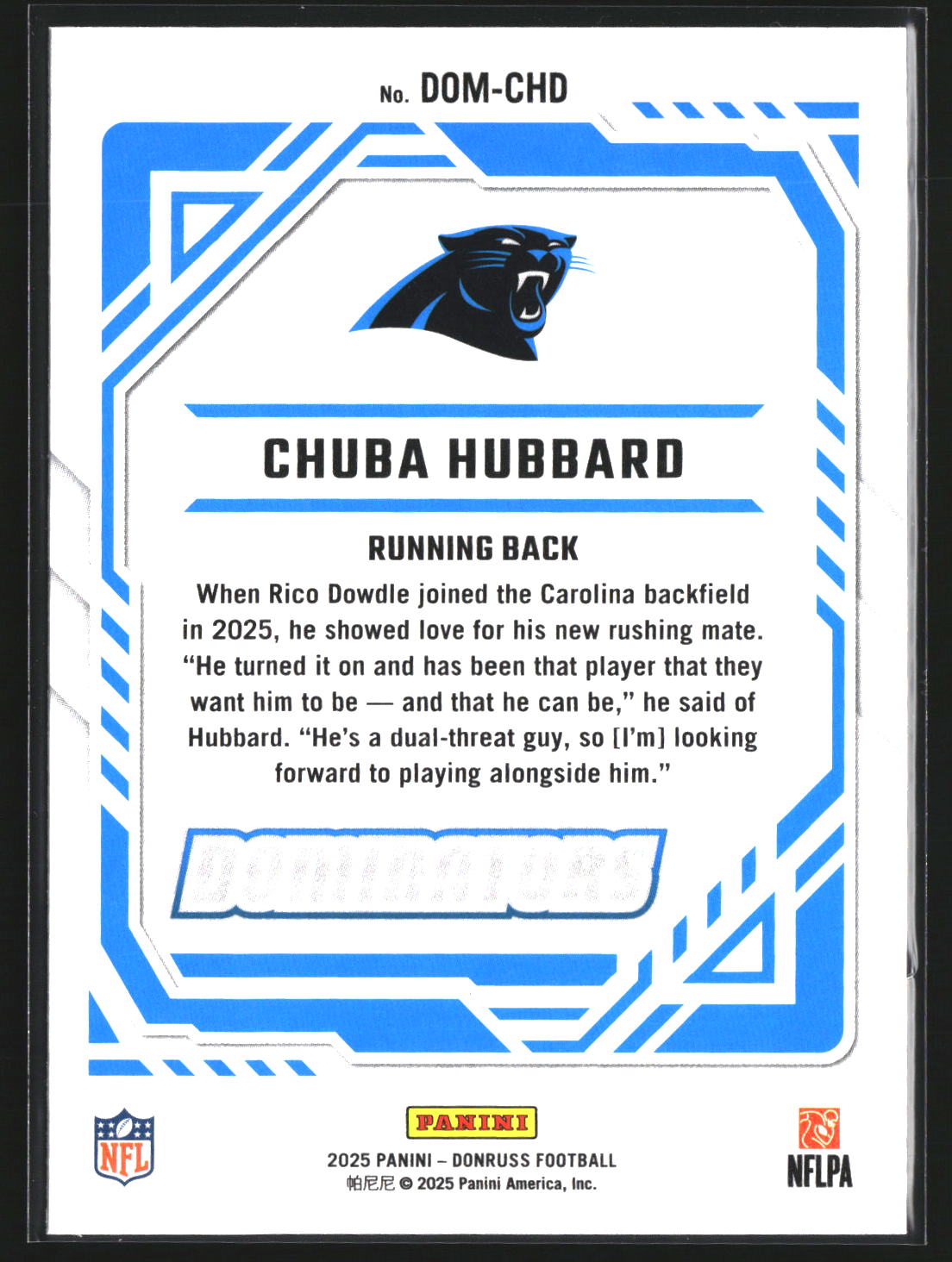 Chuba Hubbard 2025 Donruss DOM-CHD Dominators Carolina Panthers