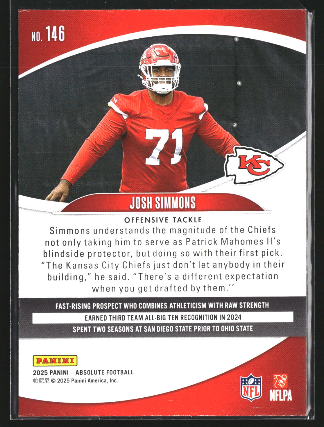 Josh Simmons 2025 Panini Absolute 146 Retail RC RC Kansas City Chiefs