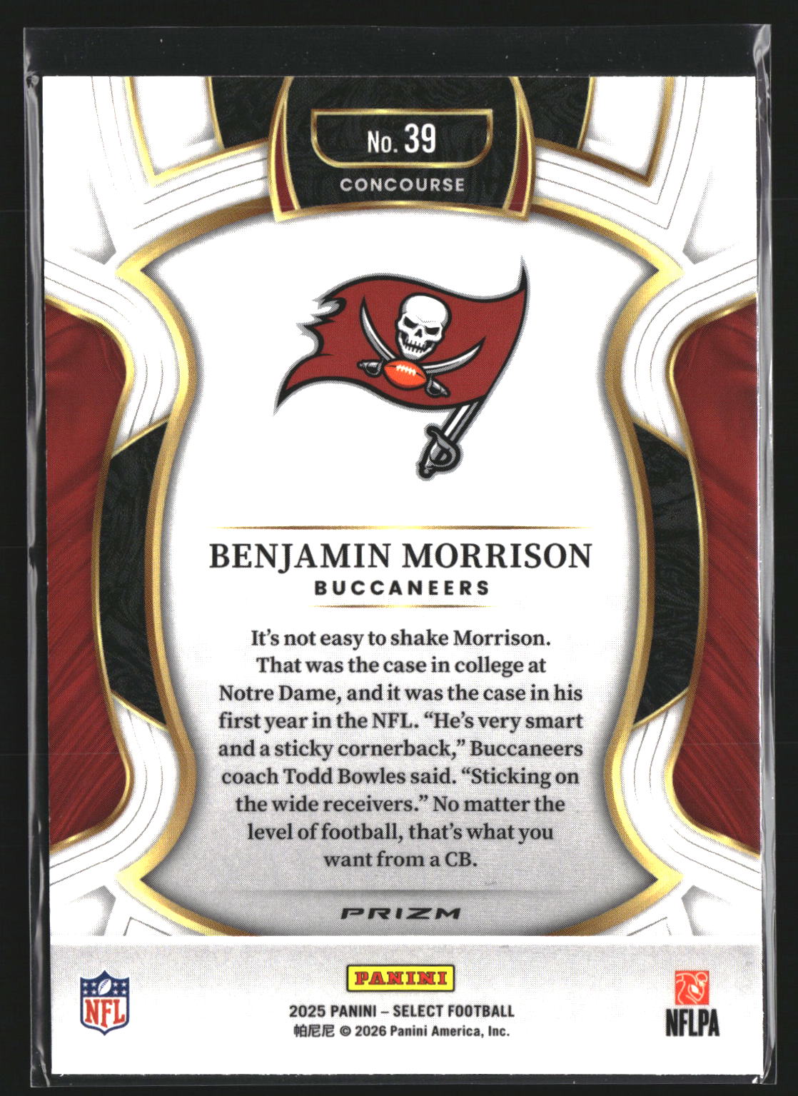 Benjamin Morrison 2025 Panini Select 39 Silver Prizm RC RC Tampa Bay Buccaneers