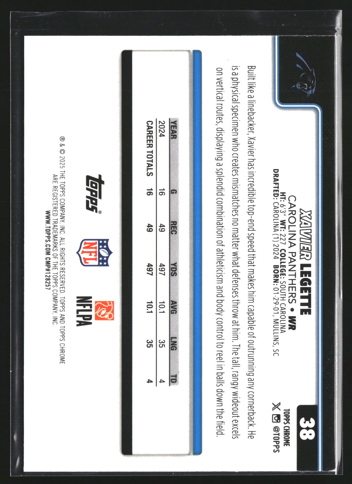 Xavier Legette 2025 Topps Chrome 38 Pulsar Refractor Carolina Panthers