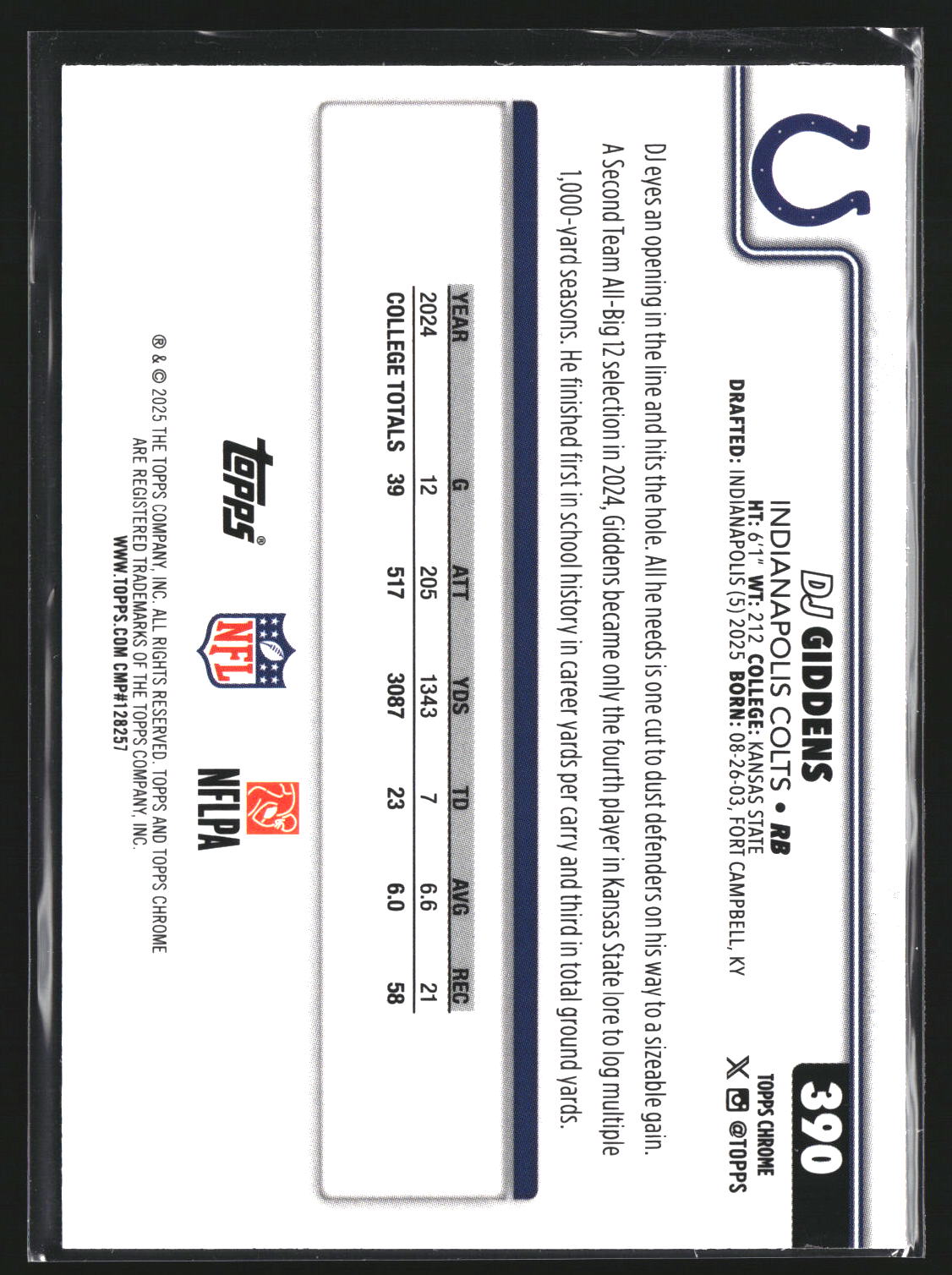 DJ Giddens 2025 Topps Chrome 390 RC RC Indianapolis Colts