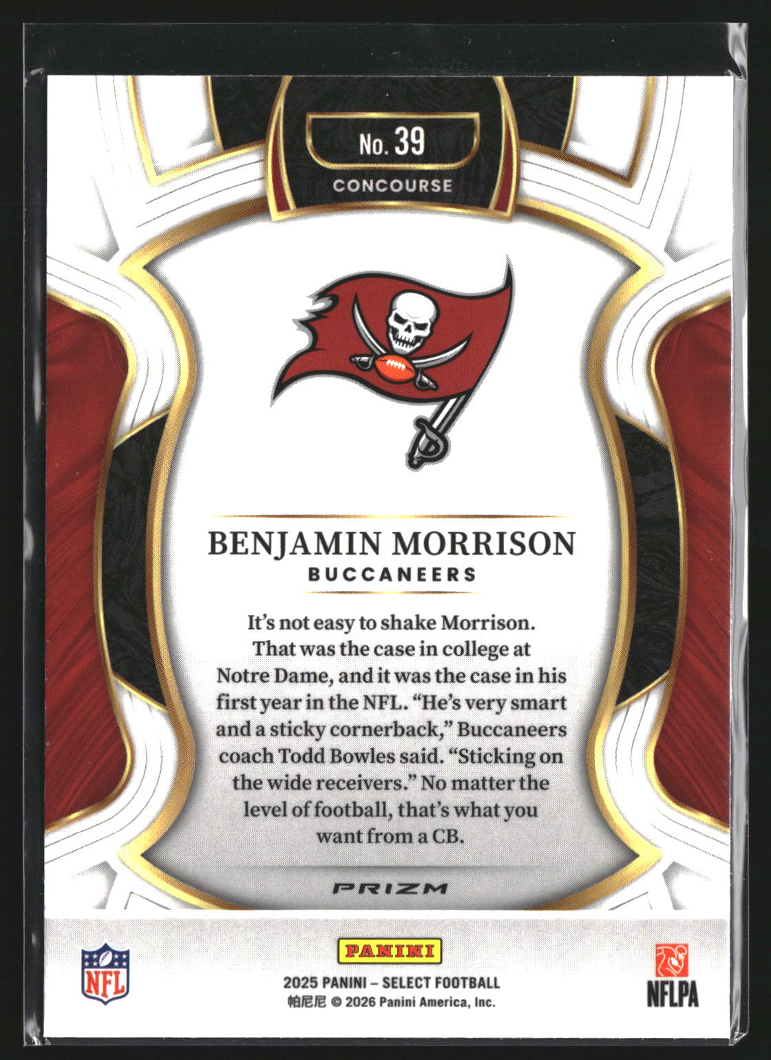 Benjamin Morrison 2025 Panini 39 Black and Orange Prizm Shock RC Buccaneers