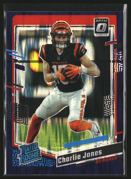 Charlie Jones 2023 Donruss Optic 223 Purple Shock RC RC Cincinnati Bengals