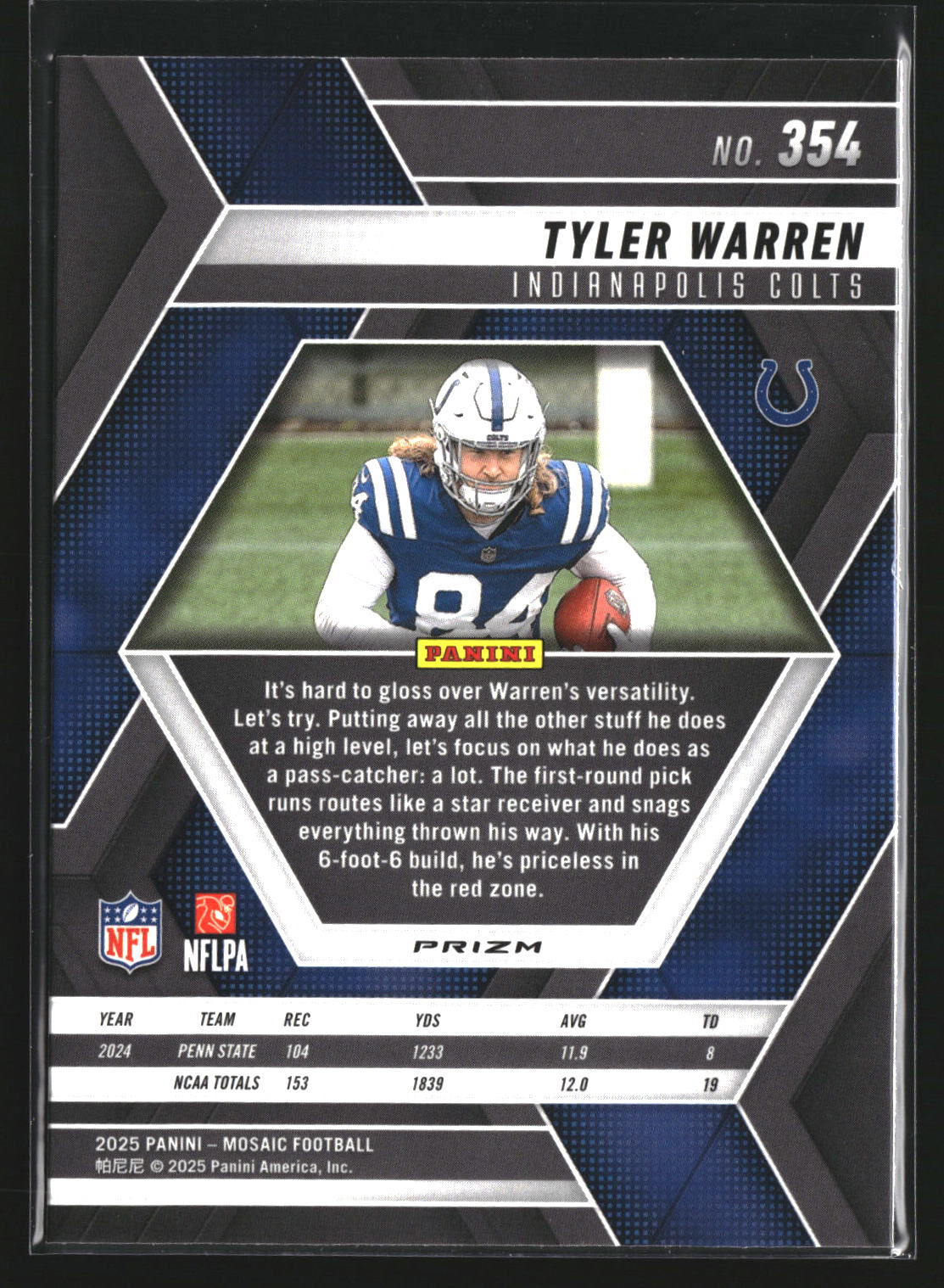 Tyler Warren 2025 Panini Mosaic 354 Mosaic Camo Red RC RC Indianapolis Colts