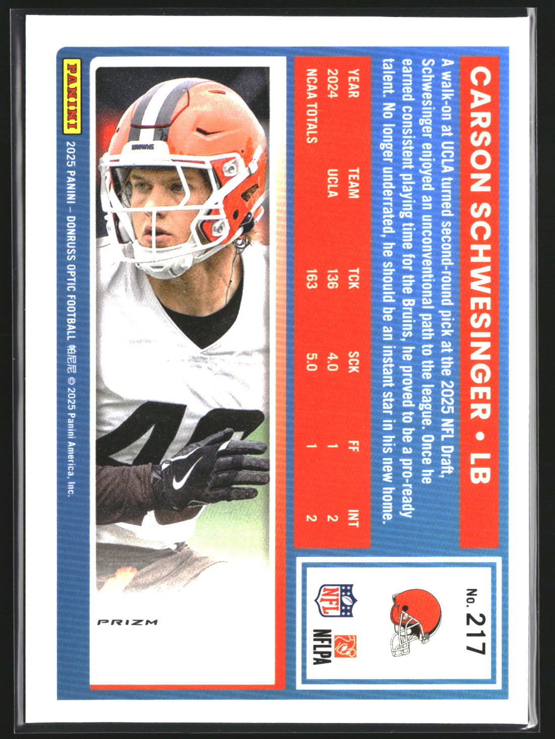 Carson Schwesinger 2025 Donruss Optic 217 Purple Shock RC RC Cleveland Browns