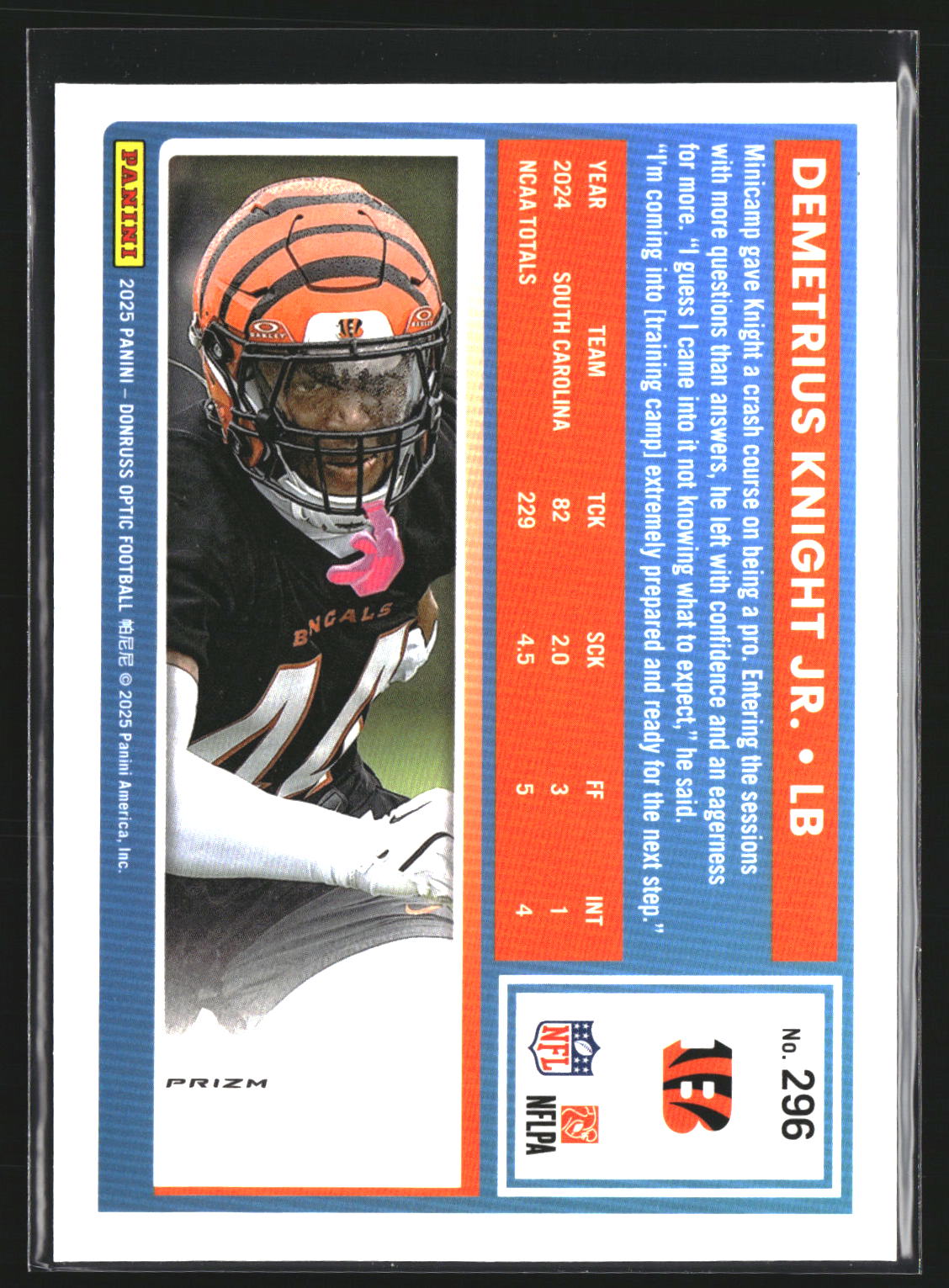 Demetrius Knight Jr. 2025 Donruss 385 Optic Rated Rookies Pink RC Bengals
