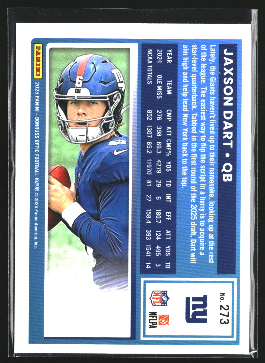 Jaxson Dart 2025 Donruss Optic 273 RC RC New York Giants
