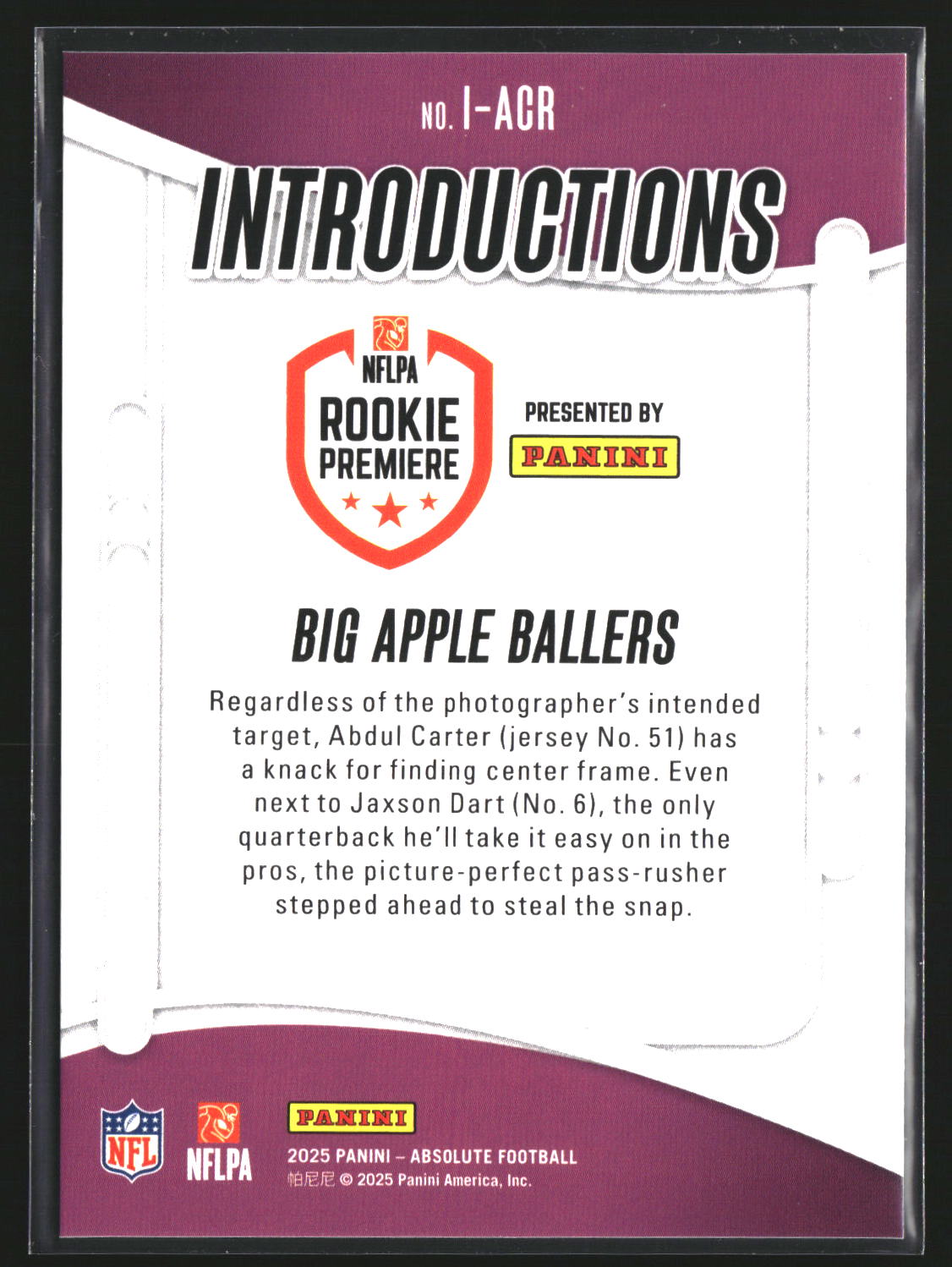 Big Apple Ballers 2025 Panini Absolute I-ACR Introductions New York Giants