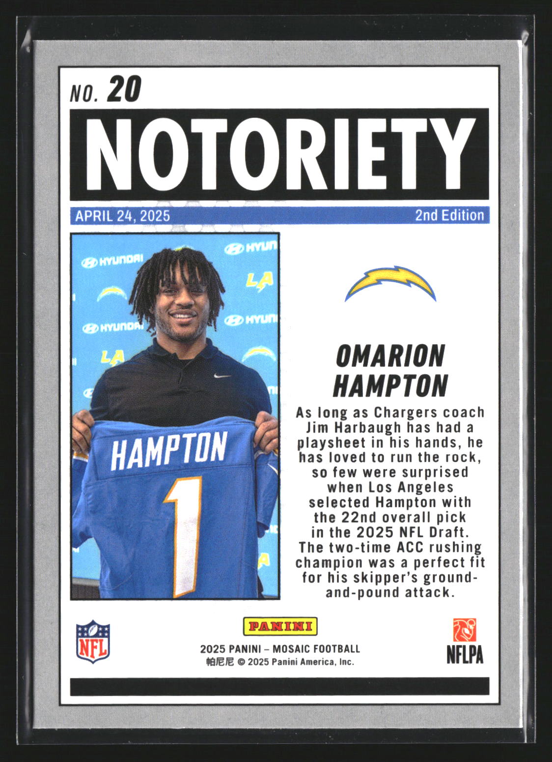 Omarion Hampton 2025 Panini Mosaic 20 Notoriety Los Angeles Chargers