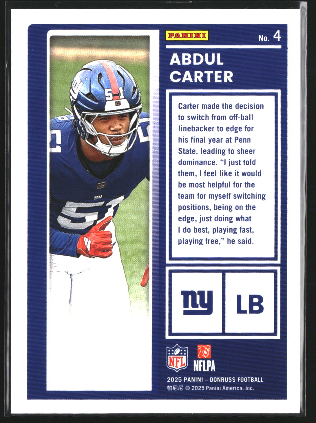 Abdul Carter 2025 Donruss 4 The Rookies New York Giants