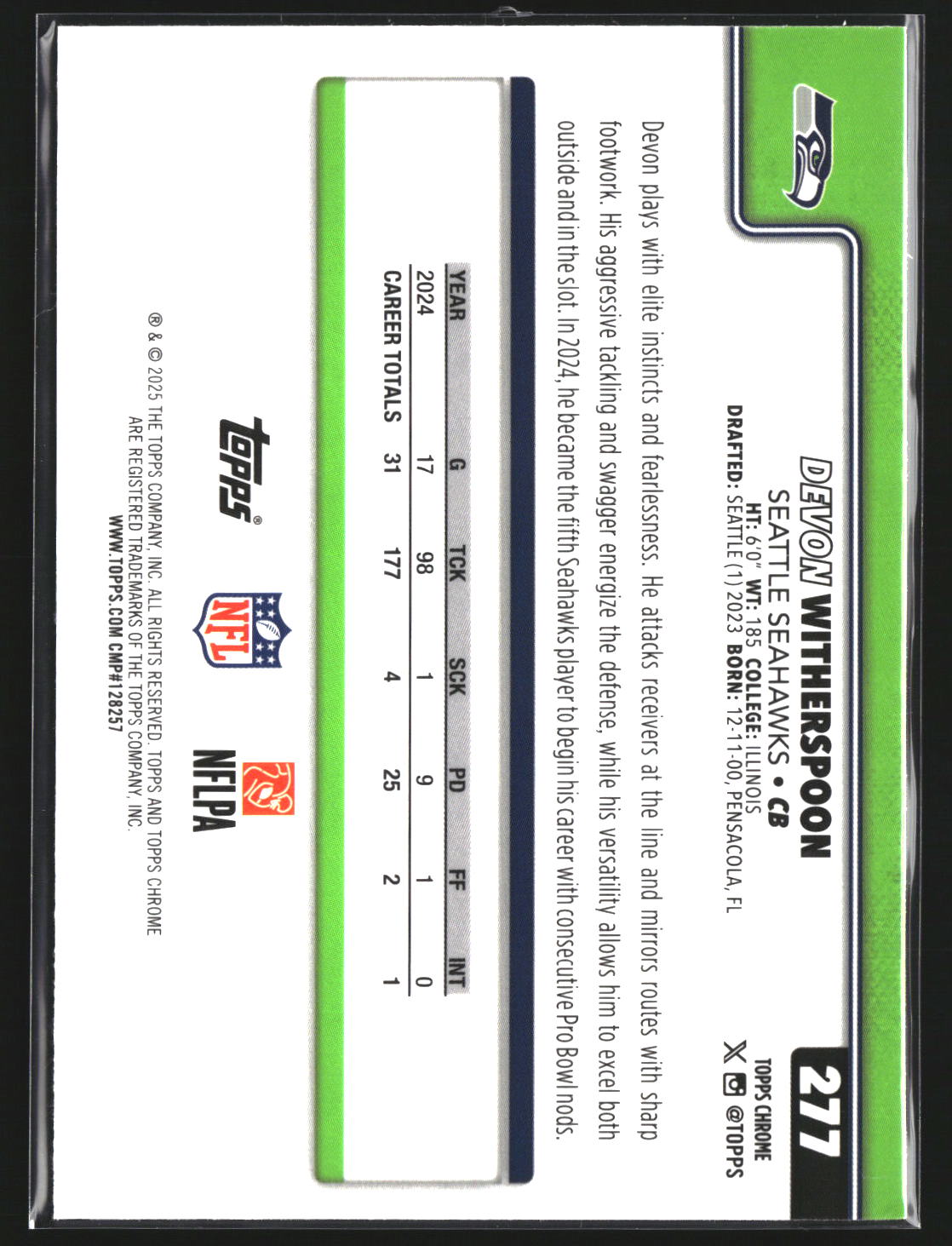 Devon Witherspoon 2025 Topps Chrome 277 Seattle Seahawks