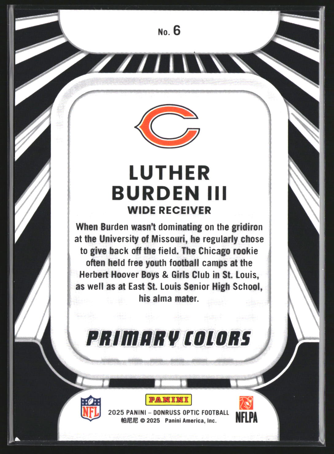 Luther Burden III 2025 Donruss Optic 6 Rookie Primary Colors Chicago Bears